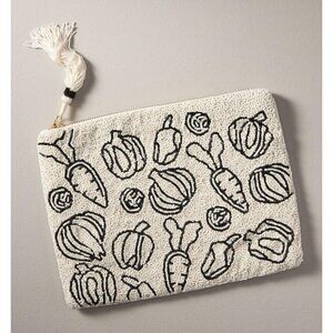 Anthropologie The Fiona Large Beaded Pouch White Black Graphic Veggie Print